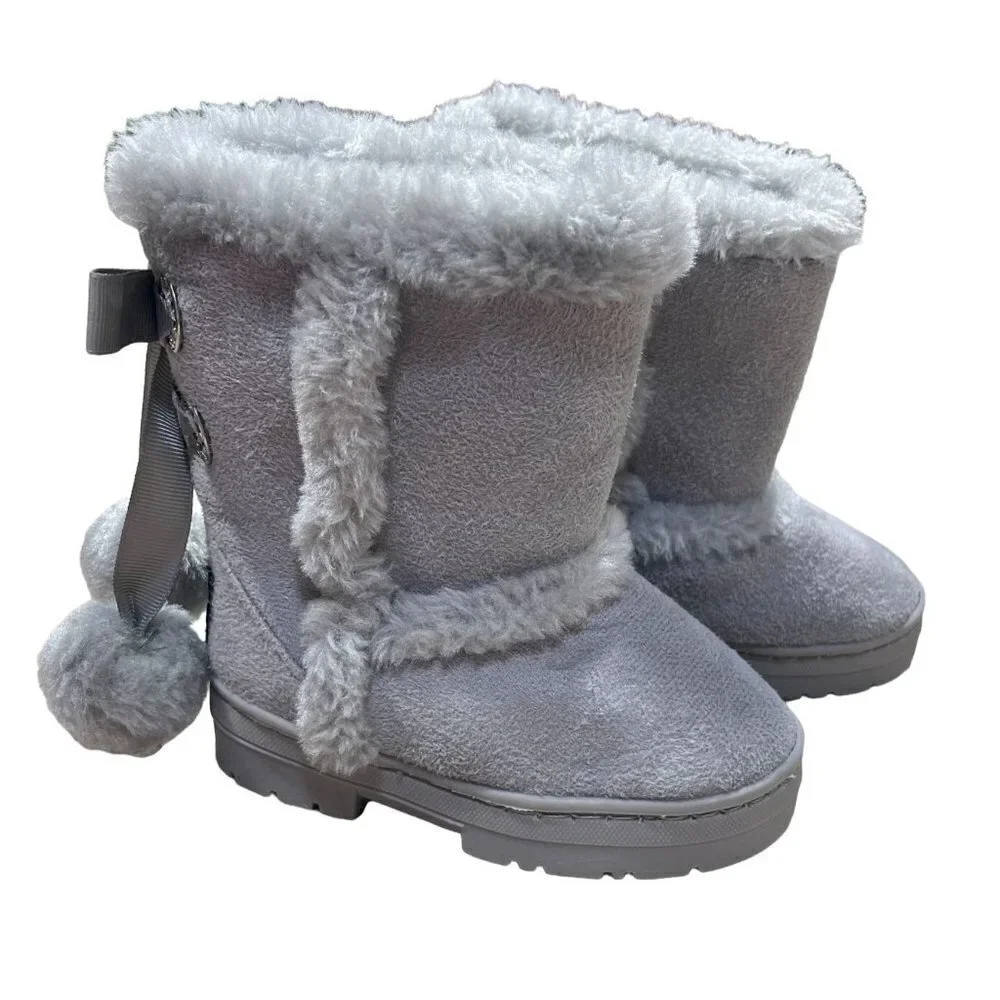 Bebe Girls Toddler Grey Suede Ribbon Pom Pom Snow Boots Grey Size 5